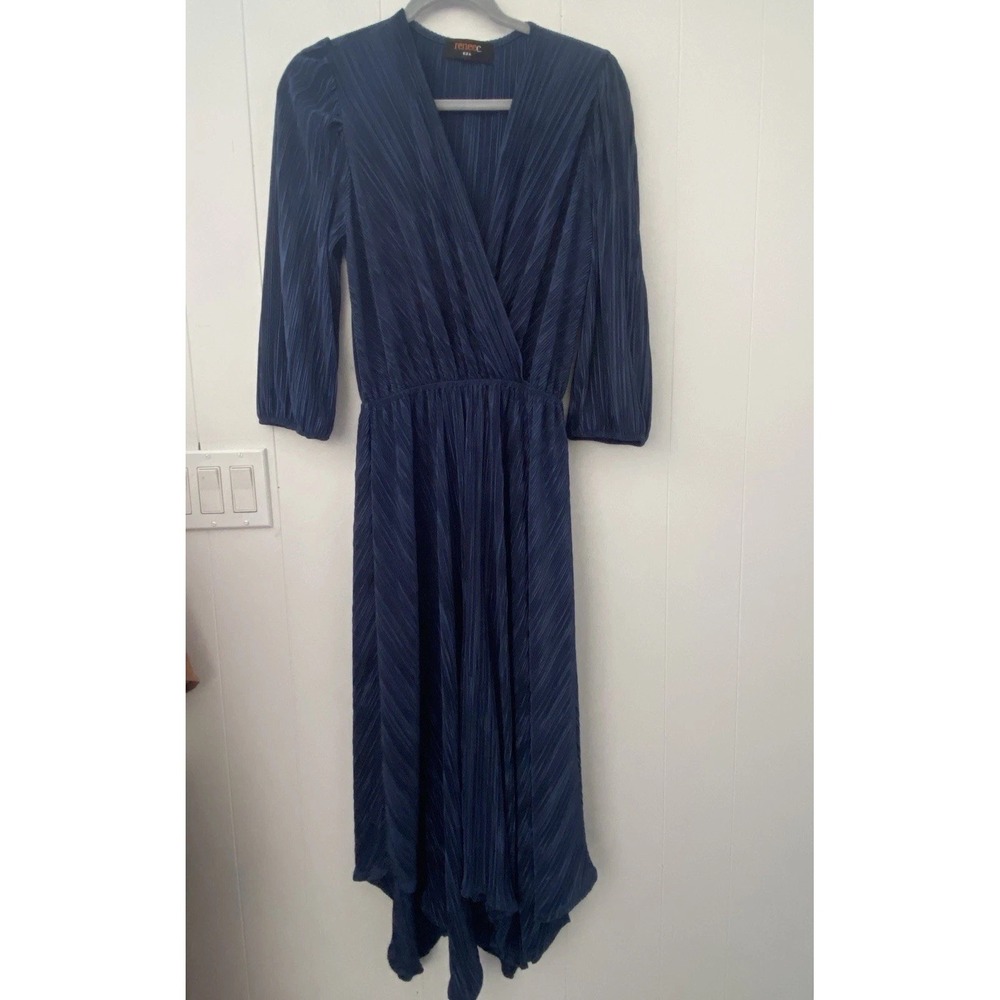 Renee C. Navy Blue Pleated Long‎ Sleeve High-Low Midi Dress Sz Large Flowy